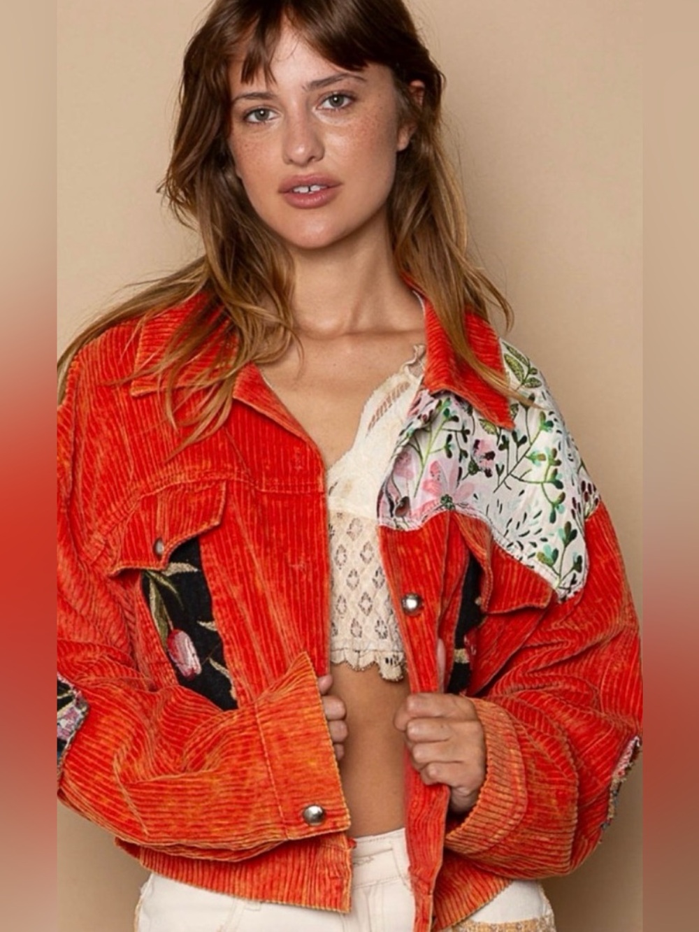 NWT POL Clothing Floral Patchwork Corduroy Cropped Jacket Orange